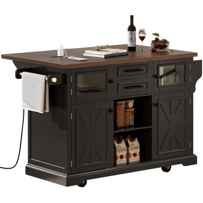 ?Vynxaria 55.5" Farmhouse Kitchen Island with Drop Leaf, Storage & Power Outlet