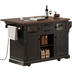 ?Vynxaria 55.5" Farmhouse Kitchen Island with Drop Leaf, Storage & Power Outlet - 1 of 4