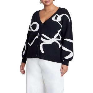ELOQUII Women's Plus Size Bow Print Cardigan - 1 of 4
