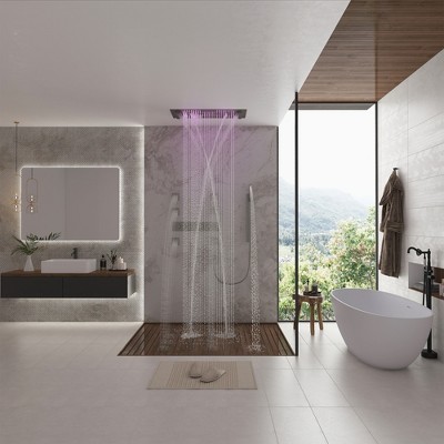 Brushed Nickel LED Rainfall Shower System with Handheld and Waterfall