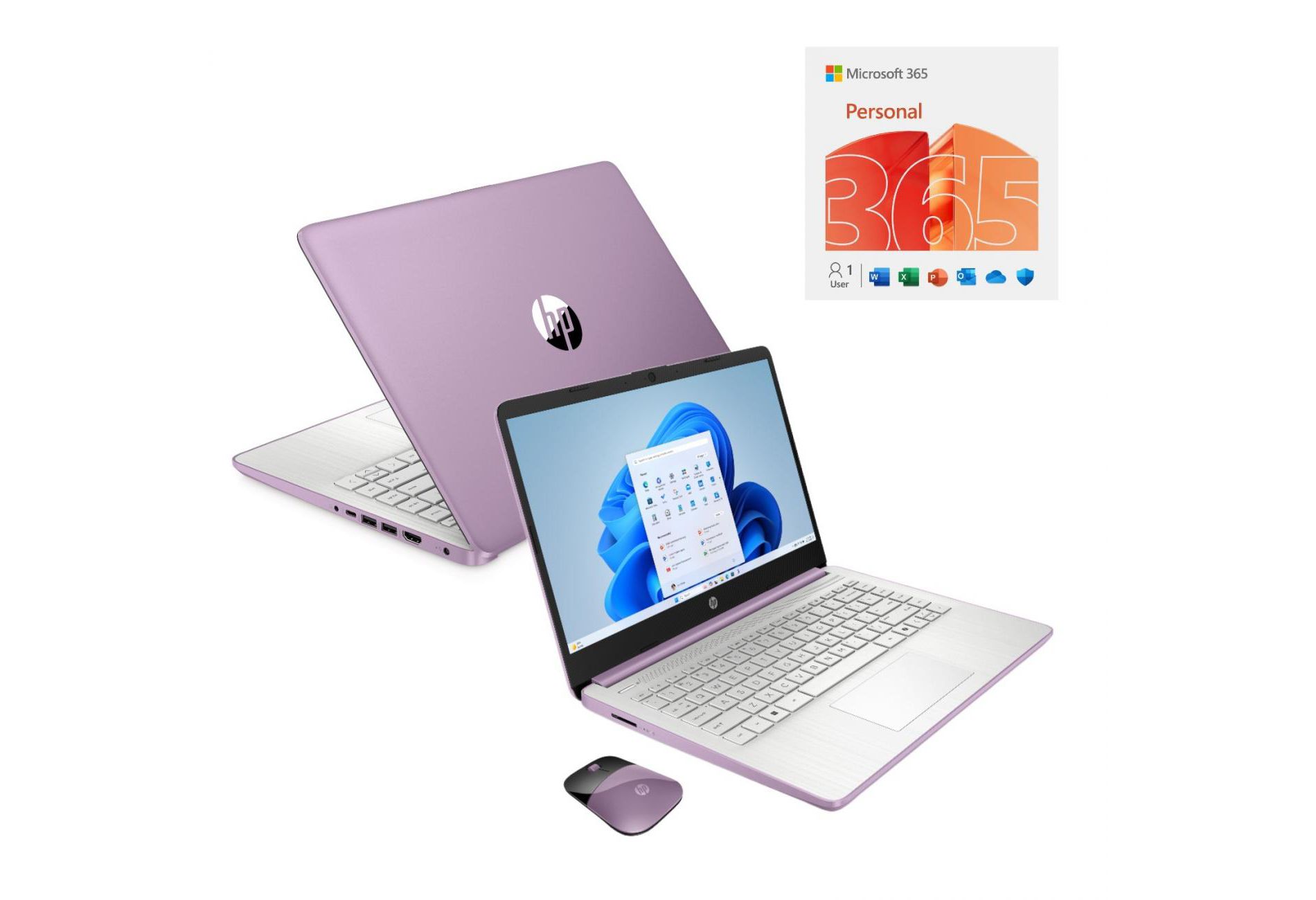 HP 14" HD Touchscreen Notebook Intel N150 4GB RAM 128GB SSD Winter Lavender + HP Wireless Mouse + One Year M365 Subscription