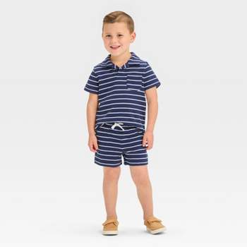 Toddler Boys' Short Sleeve Striped French Terry Set - Cat & Jack™ Navy Blue