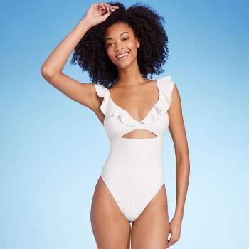 Women's Ruffle Neckline Keyhole One Piece Swimsuit - Shade & Shore™ Off-White