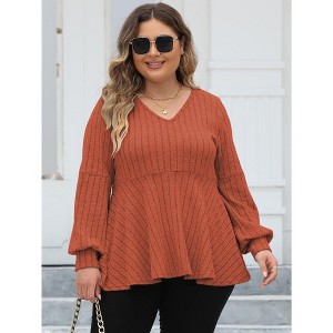 Plus Size Women's V Neck Ribbed T-Shirt Fluffy Fleece Puff Sleeve Casual Loose Fit Blouse Tunic Top - 1 of 4