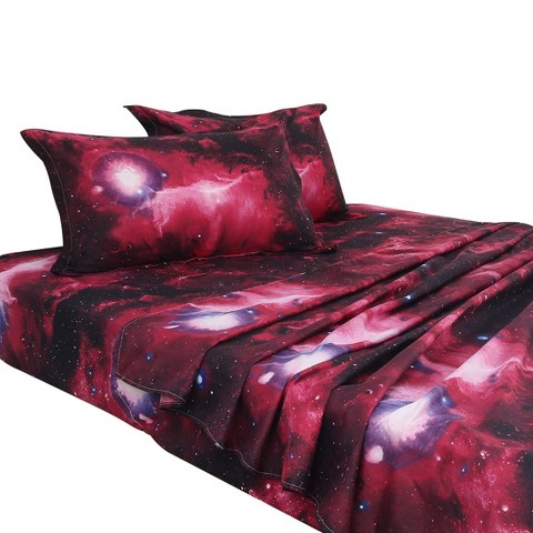 PiccoCasa Polyester Galaxy Stars-Themed Bedding Sheet Sets with 2 Pillowcases 4 Pcs Red Queen