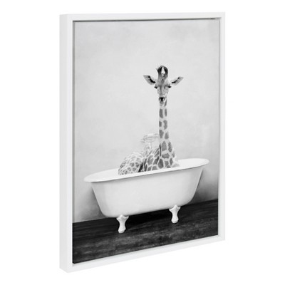 Whimsical Giraffe in Tub Framed Canvas Wall Art