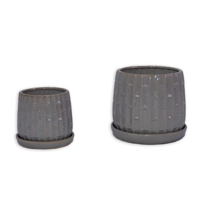 VisioGear 2PCS Ceramic Flowerpot, 7" Modern Planter for Patio, Garden, Windowsill, Antique Grey, 7.88"*7.88"*7.09"
