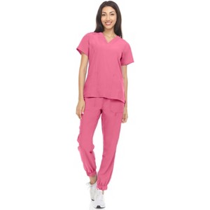 Hey Collection Womens Stretch V-Neck Jogger Scrubs Set, Medical Nursing Tops with Four Pocket Pants - 1 of 4