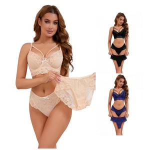 INSPIRE CHIC Women's 3 Sets Cross Straps Full Coverage Bralette and Panty Mesh Floral Lace Underwear Set - 1 of 4