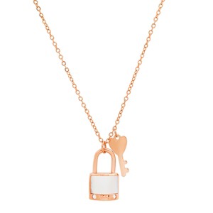 Steeltime Ladies stainless steel mother of pearl and simulated diamonds tiny lock (Lucky) and key necklace. Color Options: Silver, Gold, Rose Gold - 1 of 4