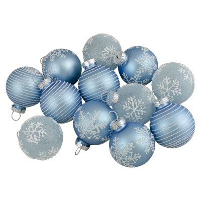 Northlight Snowflake and Striped Glass Christmas Ball Ornaments - 1.75" (45mm) - Ice Blue - 12ct