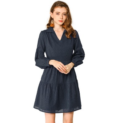 INSPIRE CHIC Women's Swiss Dot Long Sleeve V Neck Collar Loose Ruffle Hem Cotton Dress