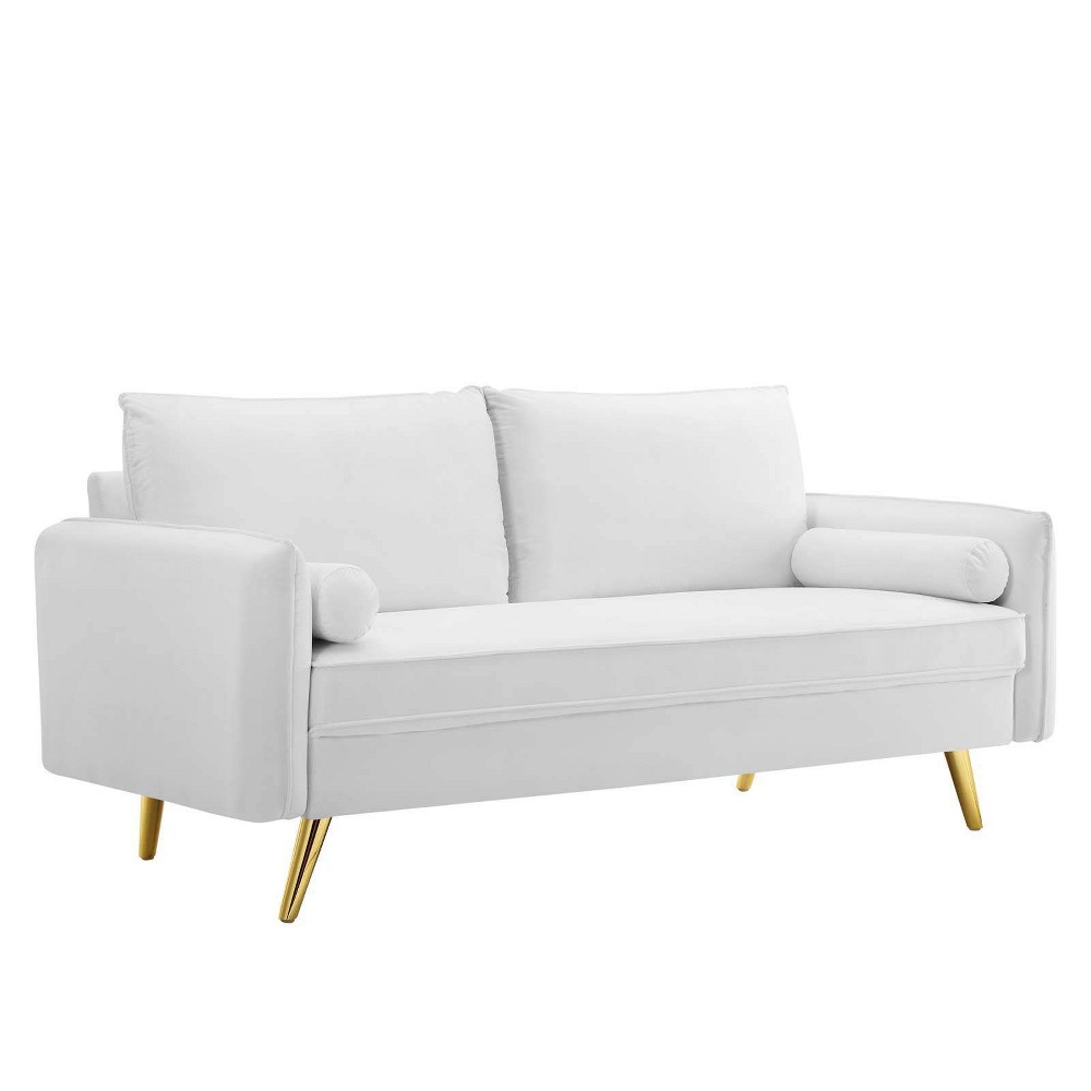 Photos - Sofa Modway Revive Performance Velvet  White - : Upholstered Couch with Gold Legs & Bolster Pillows 