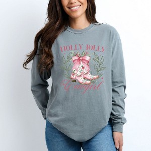 Simply Sage Market Women's Holly Jolly Cowgirl Coquette Long Sleeve Garment Dyed Tee - 1 of 4