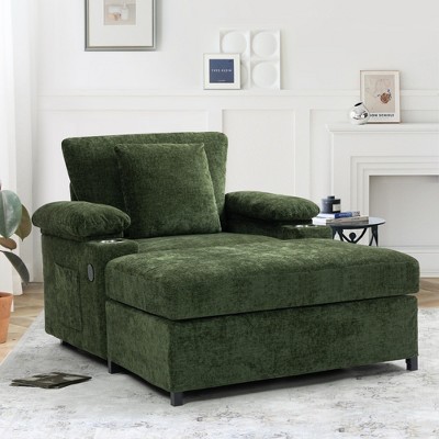 Whisen Modern Oversized Chair with Ottoman, Comfy Chenille Sofa Bed with Cupholders and USB Charging Ports