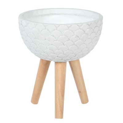LuxenHome Scallop Embossed White 12.2" Round MgO Planter with Wood Legs