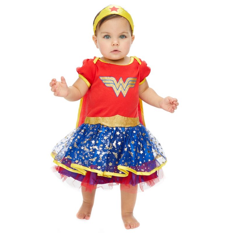 DC Comics Justice League Wonder Woman Baby Girls Cosplay Costume Bodysuit Cape and Headband 3 Piece Set Newborn to Infant , 2 of 9