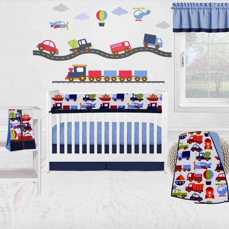Bacati - Transportation Blue Navy Green Red Orange 6 pc Crib Bedding Set with Long Rail Guard Cover, 1 of 11