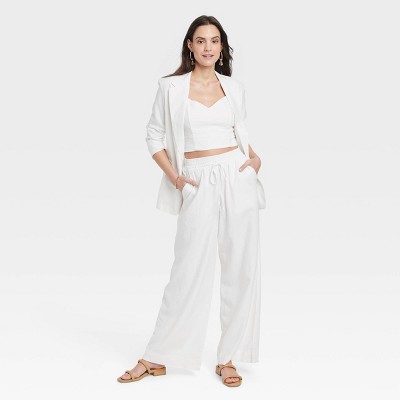 Women's High-Rise Wide Leg Linen Pull-On Pants - A New Day™ White XS