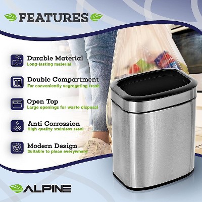 Compact Brushed Stainless Steel Rectangular Office Trash Can Set