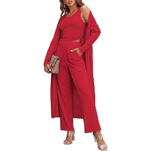 Ekouaer Women's 3 Piece Lounge Set Pajama Long Sleeve Cardigan Sleeveless Top Pants Sweatsuit - 1 of 4