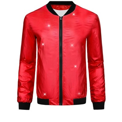 Lars Amadeus Men's Zipper Up Party Shiny Bomber Varsity Jackets Red X Large — фото 2