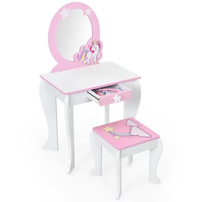 Tangkula 2-in-1 Kids Vanity Set Makeup Table & Chair Set for Toddlers w/Detachable Mirror Pink/White