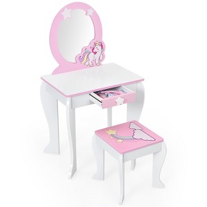 Tangkula 2-in-1 Kids Vanity Set Makeup Table & Chair Set for Toddlers w/Detachable Mirror Pink/White - 1 of 4
