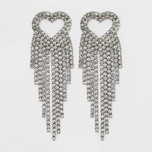 Silver 0.5 Rhinestone Heart Drop Earrings