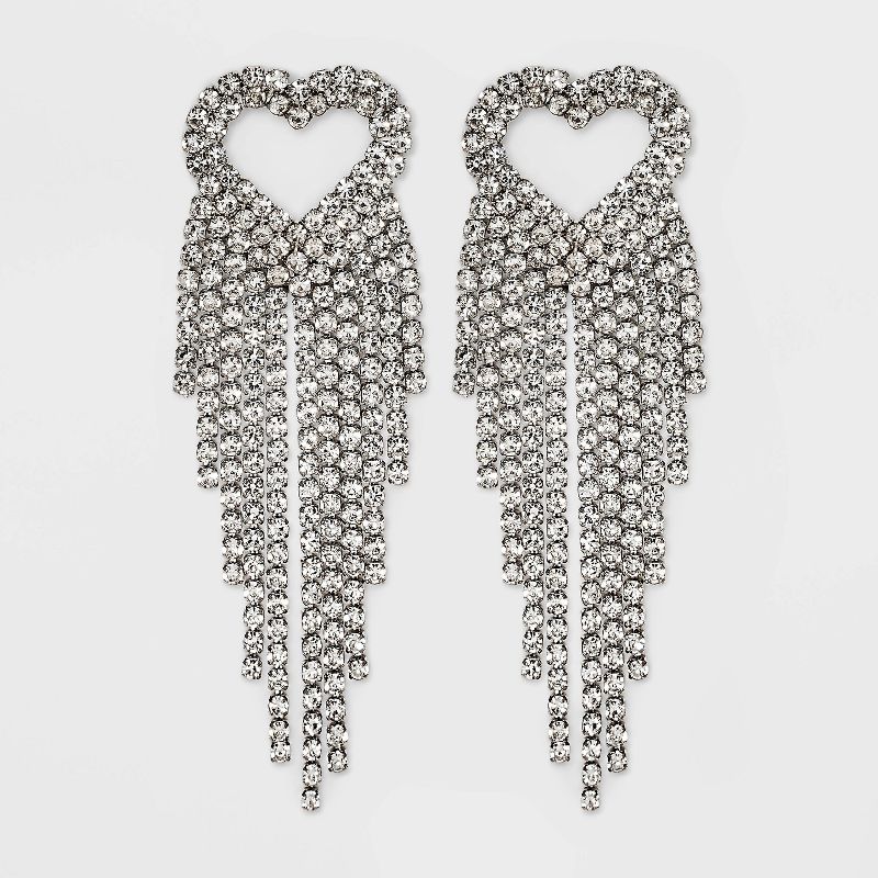 Pave Heart with Fringe Cubic Zirconia Drop Earrings - Wild Fable&#8482; Silver, 1 of 9