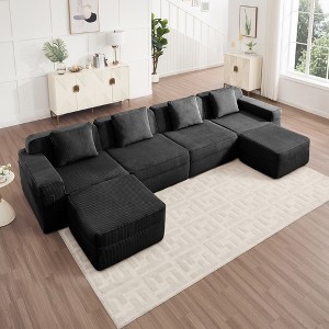 AENKYO 153.5" Modular Corduroy Modular Sectional Sofa with 2 Ottomans, Boneless Sectional Deep Seat Sofa with Throw Pillows, Sleep Sofa, No-Assembly - 1 of 4