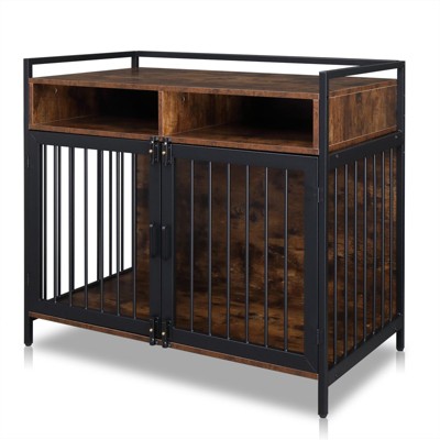 phiestina 38.6" Furniture Dog Cage, Heavy Duty Metal Dog Crate with Storage, Double Door & Lock, Rustic Brown