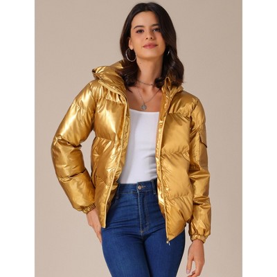 INSPIRE CHIC Women's Casual Shiny Pockets Hooded Winter Puffer Jackets Gold Large — фото 2