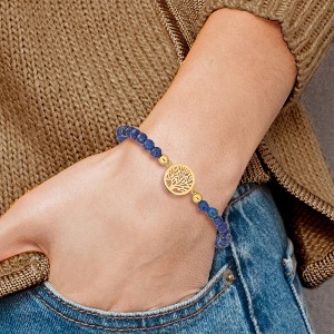 Chisel Stainless Steel Polished Yellow IP-plated Tree of Life 4mm Blue Jade Beaded Stretch Bracelet - 1 of 4
