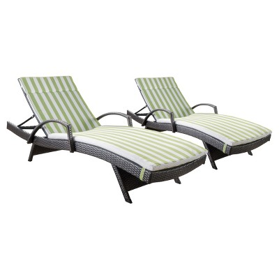 Salem Set of 2 Brown Wicker Adjustable Chaise Lounge with Arms - Green and White Stripe - Christopher Knight Home