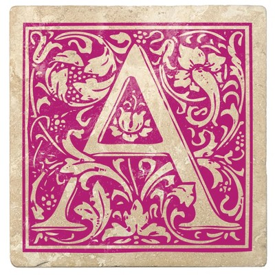 Christmas by Krebs 4pc Ivory and Tutti Frutti Pink Alphabet "A" Square Monogram Coasters 4"