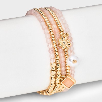 Beaded Stretch Charm Bracelet w Semi Precious Rose Quartz Set 5pc - Universal Thread&#8482; Gold/Pink_1