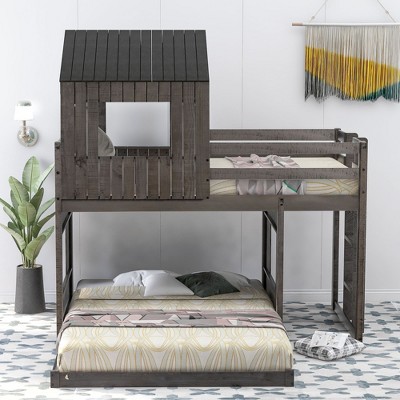 NicBex Twin over Full Bunk Bed Loft Bed with Game Zone House Shape Wooden Bed Frame with Windows, Ladder and Guardrail, No Box Spring Required