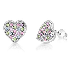 Heart Multi-color Crystal White Gold Plating Hypoallergenic Kids Screwback Stud Earrings Surgical Titanium Posts - 1 of 1