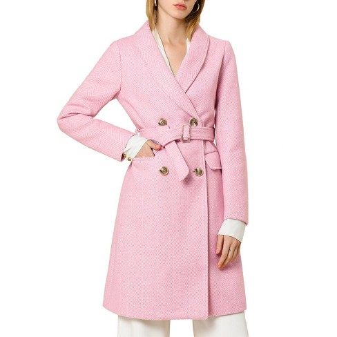 Allegra K Women's Double Breasted Shawl Collar Chevron Belted Long Winter  Coat Pink Large