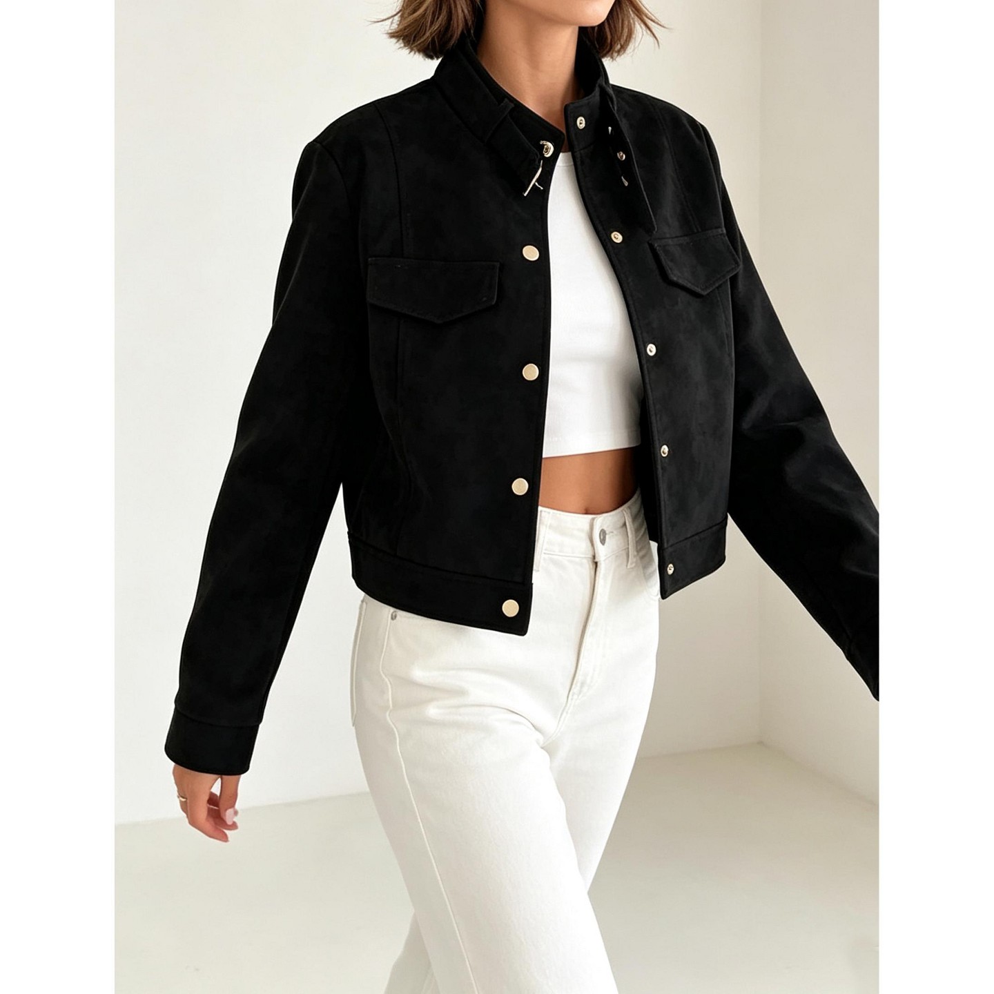 Женская куртка YesFashion Women Faux Suede Cropped Jacket Stand Collar Button Down Long Sleeve Casual Short Outerwear, Brown, цвет: Коричневый — фото 5