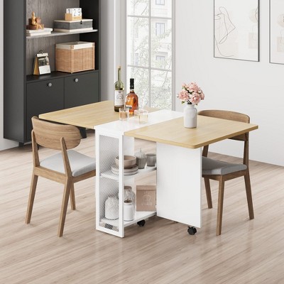 Space Saving Folding Dining Table with 2 Tier Storage-Extendable Drop Leaf Farmhouse Wood Kitchen Dining Room Tables Set for 4