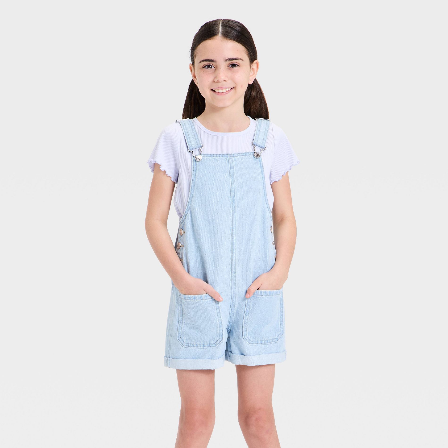 Girls' Loose Fit Denim Shortalls - Cat & Jack™ Light Wash