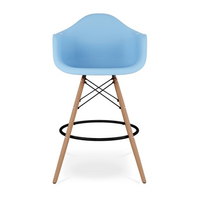 HomeRoots 28" Light Blue And Brown Heavy Duty Plastic And Solid Wood Low Back Counter Height Bar Chair