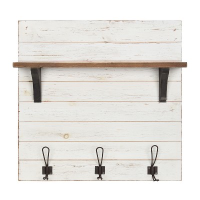 26" x 24" Wall Shelf with 3 Hooks White/Brown - Uniek