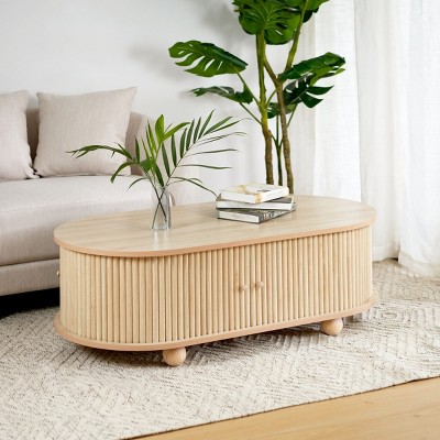 Elegant Long Oval MDF Storage Side Table with Retro Charm, Natural Wood Finish, Perfect for Living Room and Bedroom- Maison Boucle