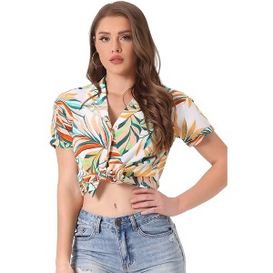 Allegra K Women's Hawaiian Floral Leaves Printed Short Sleeve Button Down Vintage Shirt - 1 of 4
