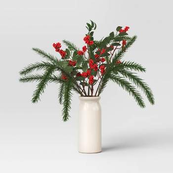 Artificial Plant Large Mixed Greenery and Red Berries Arrangement - Threshold™
