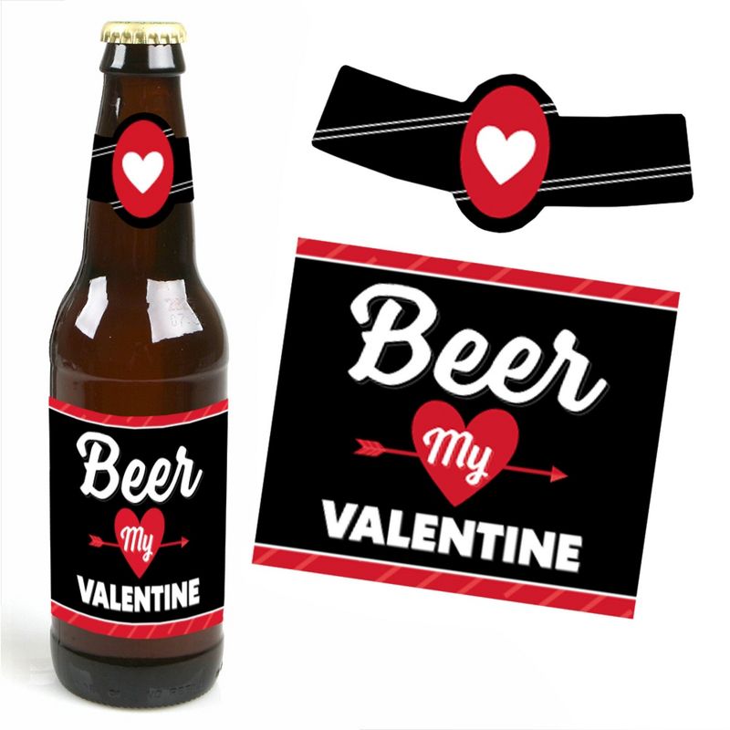 Big Dot of Happiness Happy Valentine's Day - Valentine Hearts Party Decorations for Women and Men - 6 Beer Bottle Label Stickers and 1 Carrier, 3 of 6