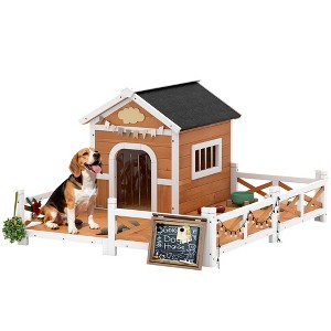 PawHut Outdoor Dog House, Wooden Dog Shlter with Large Porch, Weatherproof & Openable Roof, Elevated Base, Removable Floor - 1 of 4